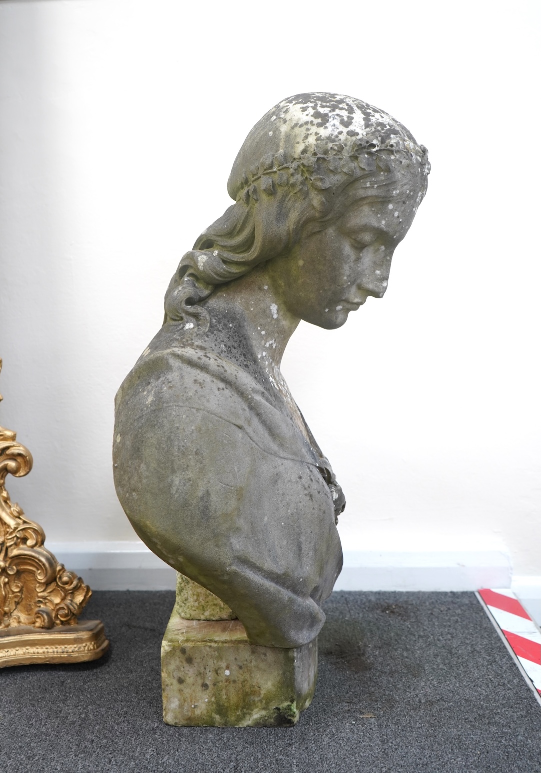 Joseph Durham (1814-77), ‘La Penserosa’, a weathered marble bust of a maiden